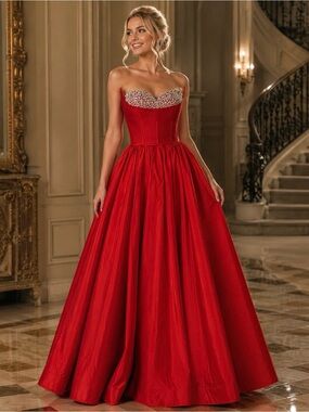 NWT Lucci Lu Red Strapless Ball Gown with a Crystal Bust